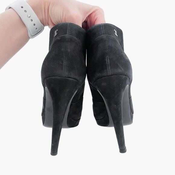 Chanel Lace Up CC Booties EU 38.5 US 7.5-8 Black Cap Toe High Heel Ankle Boot - Picture 6 of 15